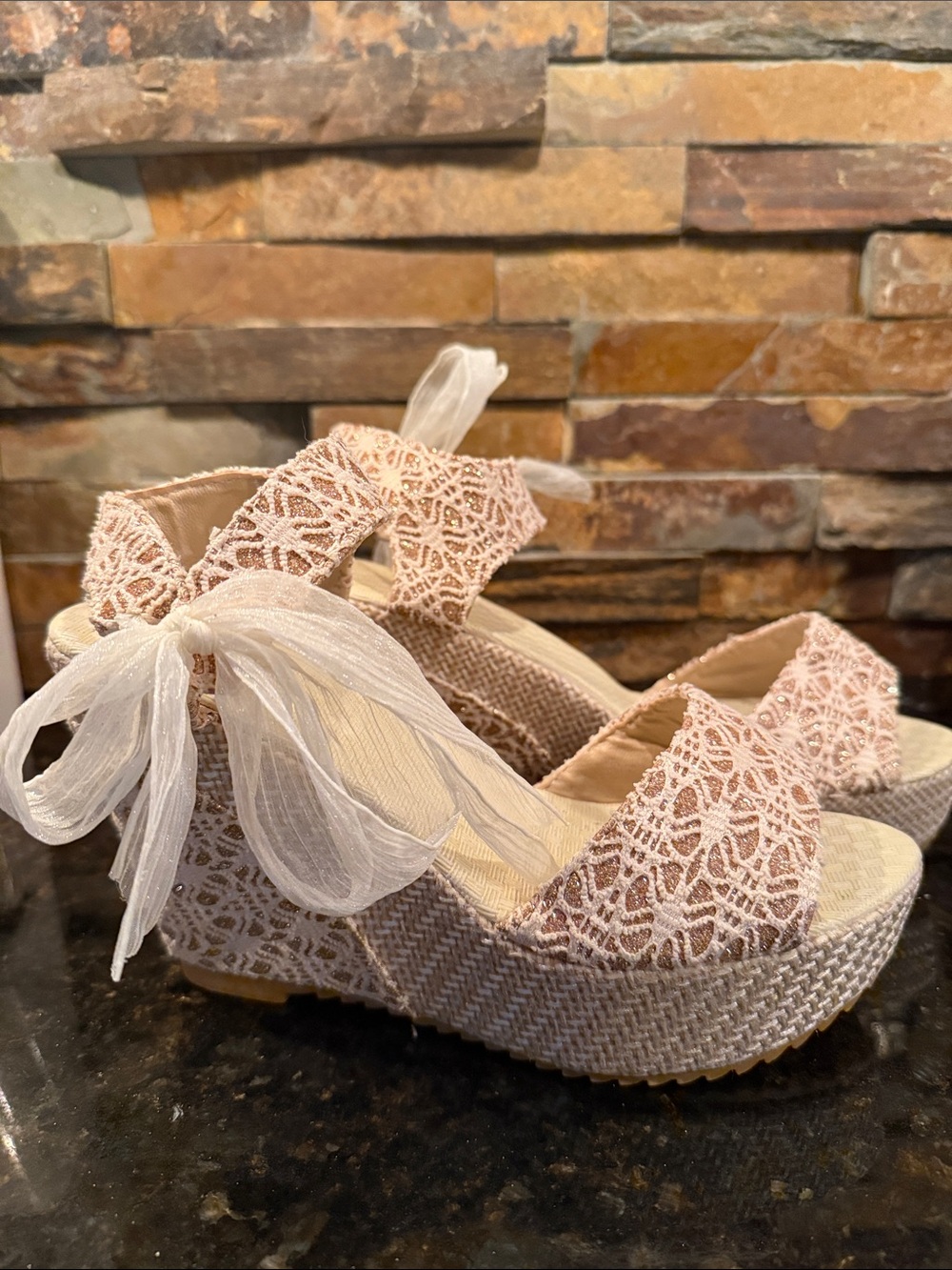 Rose gold Cream Lace Wedge Sandals with Sheer Ankle Tie